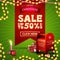 Christmas sale, up to 50% off, square green and red discount banner with large red ribbon with offer, garlands, candle