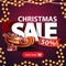 Christmas sale, up to 50% off, square purple discount banner with garlands, large letters, red ribbon, button and Santa Sleigh