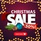 Christmas sale, up to 50% off, square purple discount banner with Large letters, red ribbon, button and Christmas tree branch