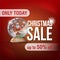 Christmas sale, up to 50% off, square red discount banner with Large letters, Santa,snow globe, button and Christmas snowflakes