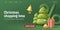 Christmas sale web banner with 3d render christmas trees with balls and gift box, big percent sign and bell ringing to