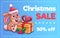 Christmas sale. Web banner. Little rabbit with gift box and holly berries. Vector illustration