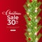 Christmas sales banner 30% off, realistic Christmas leaf cells banner with red background decoration ball snowflake