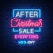 Christmas sales, neon sign, advertising bright festive discounts. New Year card sale, light banner. Xmas Winter