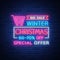 Christmas sales, neon sign, advertising bright festive discounts. New Year card sale, light banner. Xmas Winter