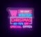 Christmas sales, neon sign, advertising bright festive discounts. New Year card sale, light banner. Xmas Winter