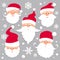 Christmas Santa Claus faces in red caps . Old men in red hat with white beard and mustache .Funny characters. Holiday