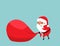 Christmas Santa Claus pulling a huge red bag of gifts with difficulty. Place for your text. Winter holiday mood vector
