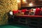 Christmas Santa, wooden red pillows and ornaments. Bed of pallets