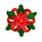 Christmas satin bow decoration with poinsettia flower and holly leaves. Vector christmas traditional design element