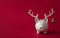 Christmas saving money box wearing festive reindeer antlers. Seasonal finance background