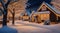 christmas scene with christmas decorations, snow on the houses, christmas lights, christmas tree in the snow