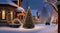 christmas scene with christmas decorations, snow on the houses, christmas lights, christmas tree in the snow