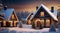 christmas scene with christmas decorations, snow on the houses, christmas lights, christmas tree in the snow