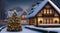 christmas scene with christmas decorations, snow on the houses, christmas lights, christmas tree in the snow