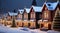 christmas scene with christmas decorations, snow on the houses, christmas lights, christmas tree in the snow