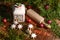 Christmas scene with cinnamon stars, rolling pin, candy cane, fir, christmas tree balls and a ceramic biscuit tin