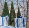 Christmas Scene With Decorated Trees And Fountain