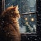 Christmas scene from the perspective of a house cat who is watching the snow fall outside the window