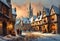 Christmas scene with a snow covered old fashioned english town in winter at twilight with ancient houses