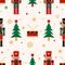 Christmas seamless background with nutcracker, Christmas tree and snowflakes