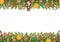 Christmas seamless border with pine branches, gingerbreads, chocolate santa claus, candies, orange slices and lollipops