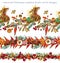 Christmas seamless border with reindeer, berries, leaves, spruce branches. New Year watercolor background. natural floral winter