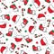 Christmas seamless cartoon hand-drawing. Colored socks, Santa hats and sugar canes  .on a white background. Vector background