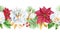 Christmas seamless garland with poinsettia flower, pine branches and golden rose. Watercolor hand painted illustration