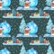 CHRISTMAS SEAMLESS PATTERN. BLUE BACKGROUND, SNOWFLAKES, CARTOON SNOWMAN, GIFT BOXES, FAIRY TREES.