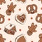 Christmas seamless pattern. Candy, pretzel, cookie, gingerbread in trendy retro cartoon style.