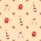 Christmas seamless pattern. Champagne bottles, glasses, gift boxes and snowflakes