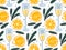 Christmas Seamless pattern with champagne glass, spruce twig, orange fruit. Template for holiday menu, fabric and