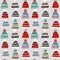 Christmas seamless pattern with colorful knitted hats. Set of wool caps. Hand drawn kids nordic fashion design