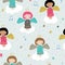 Christmas seamless pattern with cute angels singing in the sky