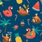 Christmas seamless pattern with cute funny Santa Claus animals with reindeer and flamingo inflatable ring. Tropical