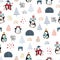 Christmas seamless pattern with cute penguins celebrating christmas in north pole village.