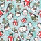 Christmas seamless pattern with cute penguins on funky ice broken/ cracked background.