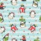 Christmas seamless pattern with cute penguins on line stripe background with colorful stars.