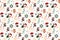 Christmas seamless pattern with cute winter elements, gnomes, snowflakes, clock, gingerbread man, greenery branch. The
