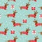 Christmas seamless pattern dachshund, boxes of presents and snowflakes.