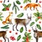 Christmas seamless pattern of deer, fox and holly, winter background, watercolor illustration, digital paper