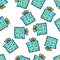 Christmas seamless pattern drawn by hand. Blue gift with green ribbon on a white background. Happy New Year