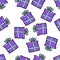Christmas seamless pattern drawn by hand. Purple gift with blue ribbon on a white background. Happy New Year