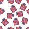 Christmas seamless pattern drawn by hand. Red gift with purple ribbon on a white background. Happy New Year