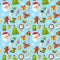 Christmas seamless pattern with flat Santa, deer, gingerbread