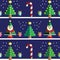 Christmas Seamless pattern with geometrical nutcracker soldier with gifts with ribbon, snow, sweets, xmas trees