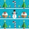 Christmas Seamless pattern with geometrical Snowman, christmas puddings , gifts with ribbon, snow, xmas trees with lights