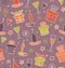 Christmas seamless pattern with gifts, candles, goblets. Endless decorative romantic background with boxes of presents. Hand drawn