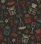 Christmas seamless pattern with gifts, candles, goblets. Endless ornate background with boxes of presents. Hand drawn beautiful ho